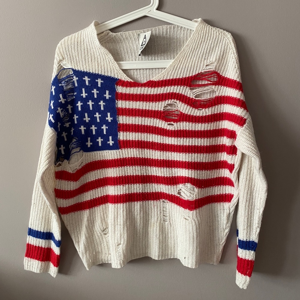UNIF Distressed American Flag Cross Knit Sweater